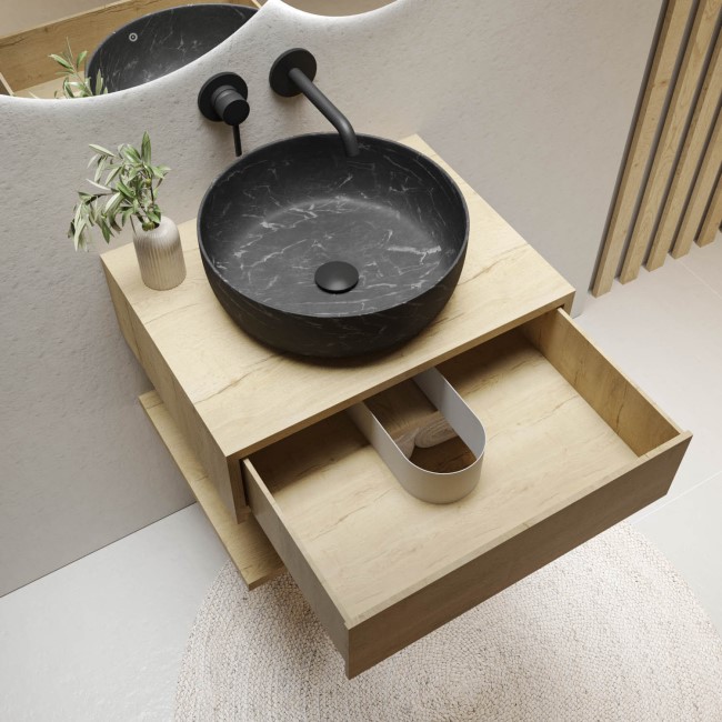 600mm Wood Effect Wall Hung Countertop Vanity Unit with Black Marble Effect Basin and Shelf - Lugo