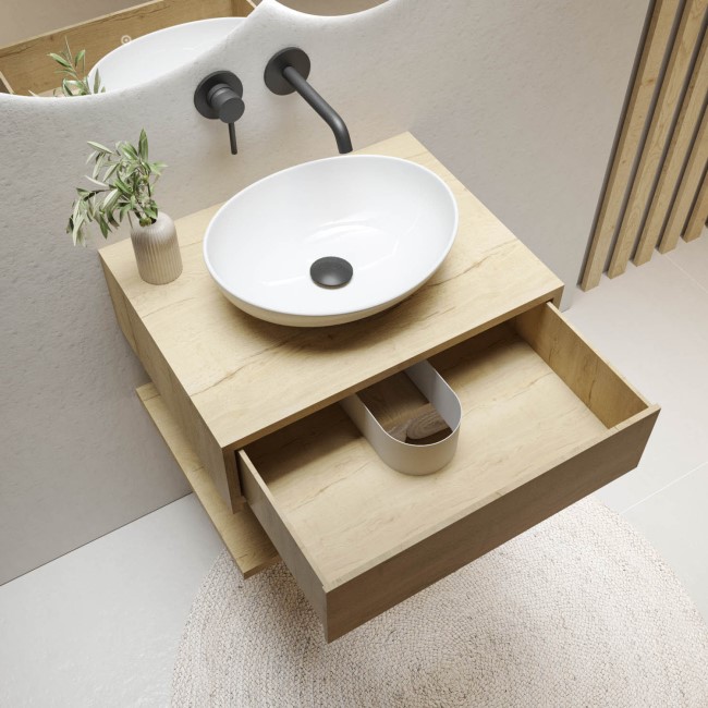 Grade A1 - 600mm Oak Wall Hung Countertop Vanity Unit with Oval Basin and Shelf - Lugo