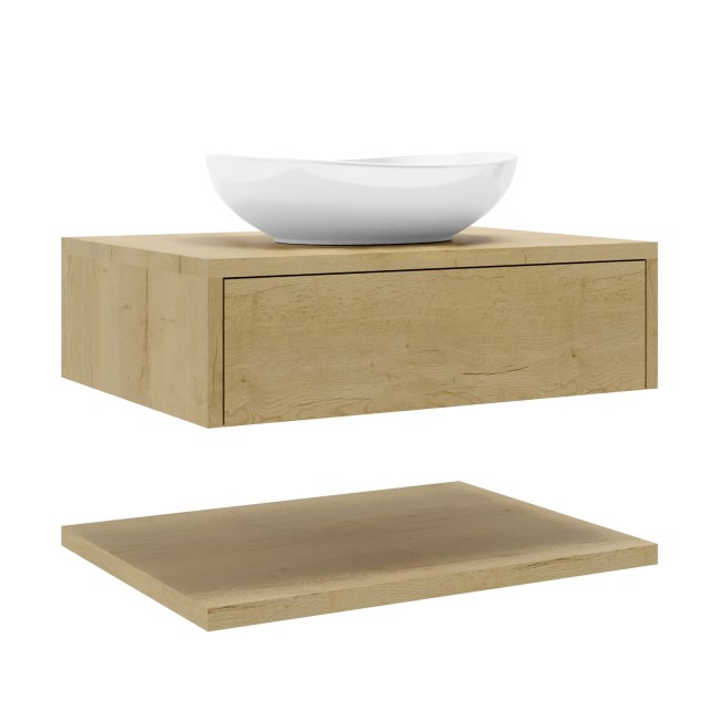 Grade A1 - 600mm Oak Wall Hung Countertop Vanity Unit with Oval Basin and Shelf - Lugo