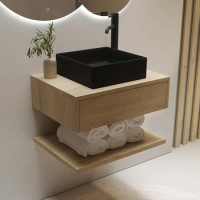 600mm Oak Wall Hung Countertop Vanity Unit with Black Square Basin and Shelf - Lugo 600mm Oak Wall Hung Countertop Vanity Unit with Black Square Basin and Shelf - Lugo