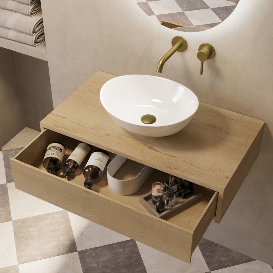 800mm Oak Wood Effect Wall Hung Countertop Vanity Unit with Oval Basin - Lugo