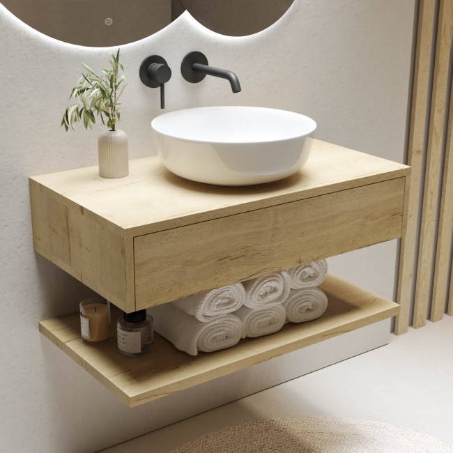 800mm Wood Effect Wall Hung Countertop Vanity Unit with Round Basin and Shelf - Lugo