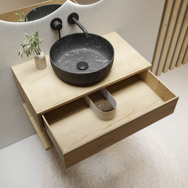 800mm Wood Effect Wall Hung Countertop Vanity Unit with Black Marble Effect Basin and Shelf - Lugo