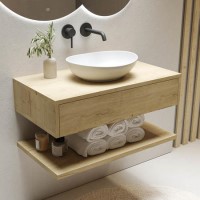 800mm Oak Wall Hung Countertop Vanity Unit with Oval Basin and Shelf - Lugo
