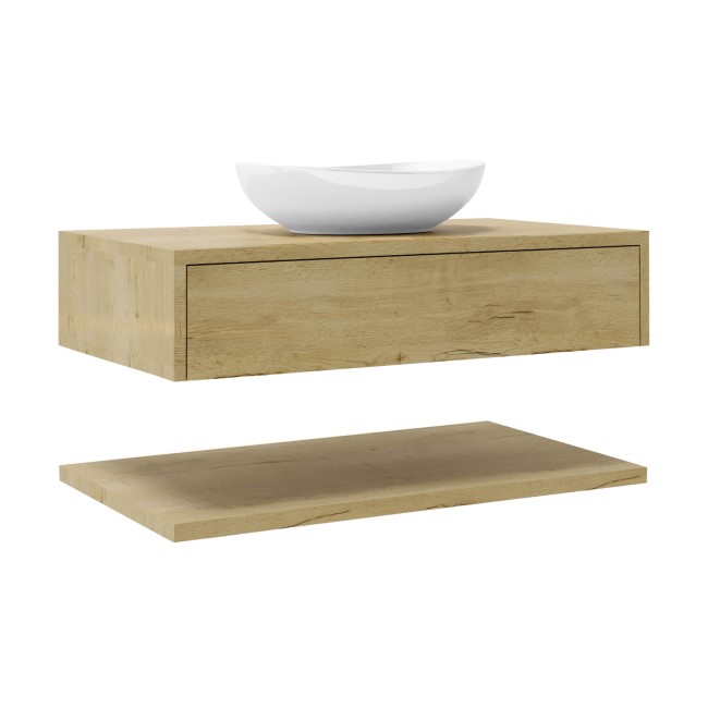 800mm Wood Effect Wall Hung Countertop Vanity Unit with Oval Basin and Shelf - Lugo