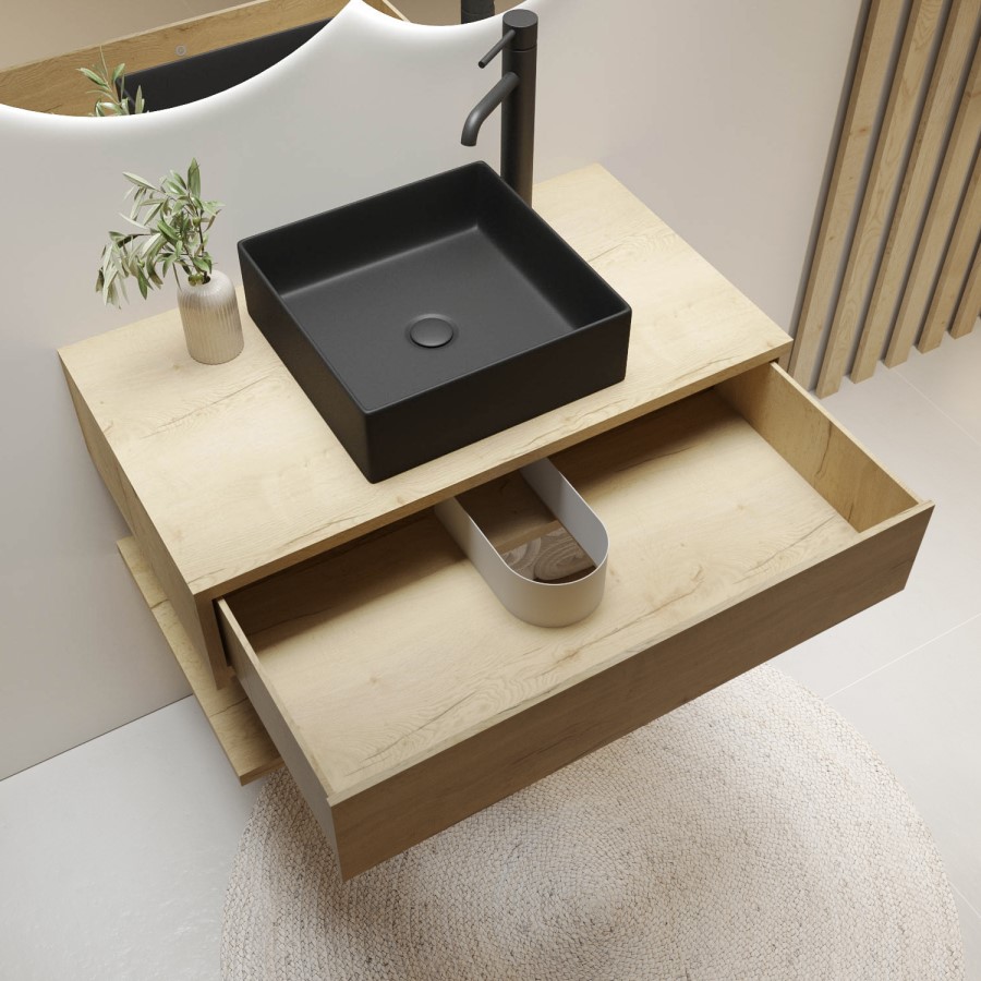 800mm Oak Wall Hung Countertop Vanity Unit with Black Square Basin and Shelf - Lugo