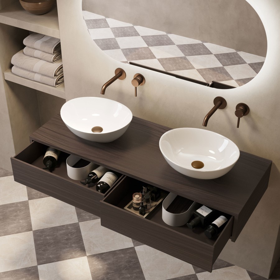 1200mm Walnut Wood Effect Wall Hung Countertop Vanity Unit with Oval Basin - Lugo