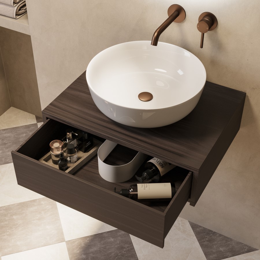 600mm Walnut Wood Effect Wall Hung Countertop Vanity Unit with Basin - Lugo