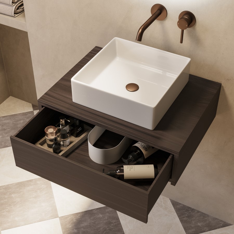 600mm Walnut Wall Hung Countertop Vanity Unit with Square Basin - Lugo
