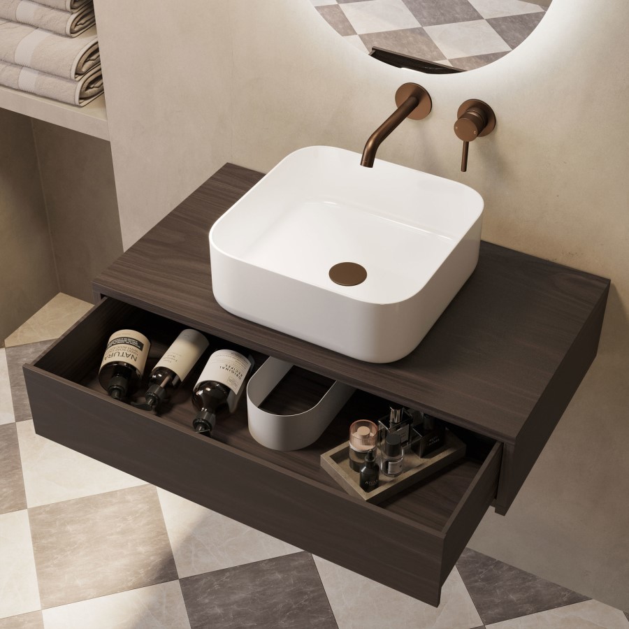 800mm Walnut Wall Hung Countertop Vanity Unit with Curved Square Basin - Lugo