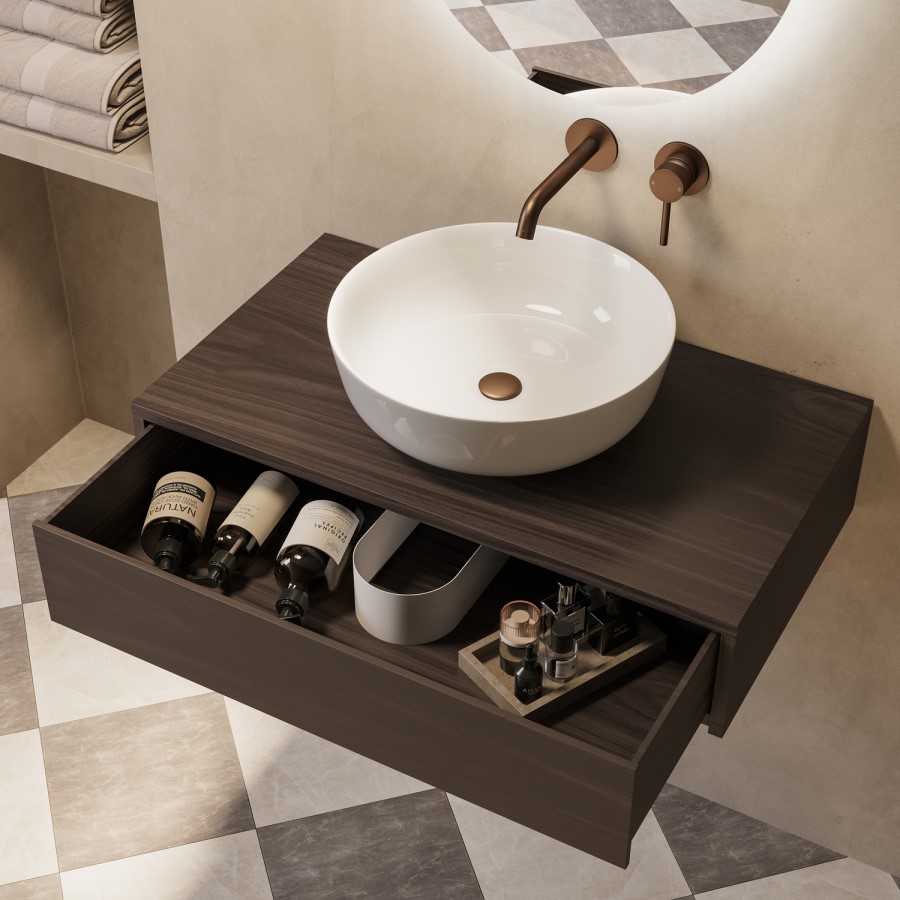 800mm Walnut Wood Effect Wall Hung Countertop Vanity Unit with Basin- Lugo