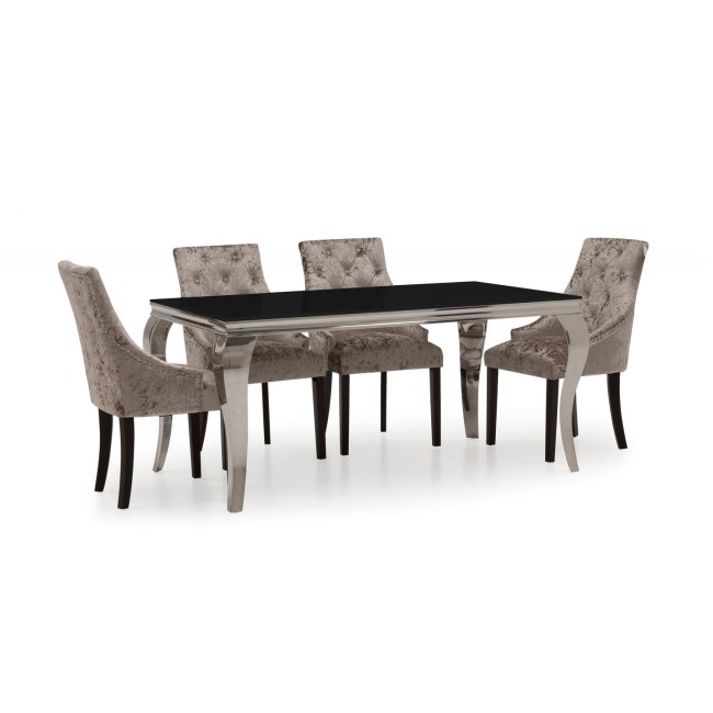 Louis 160cm Mirrored Dining Table with 4 Crushed Velvet Dining Chairs in Silver 