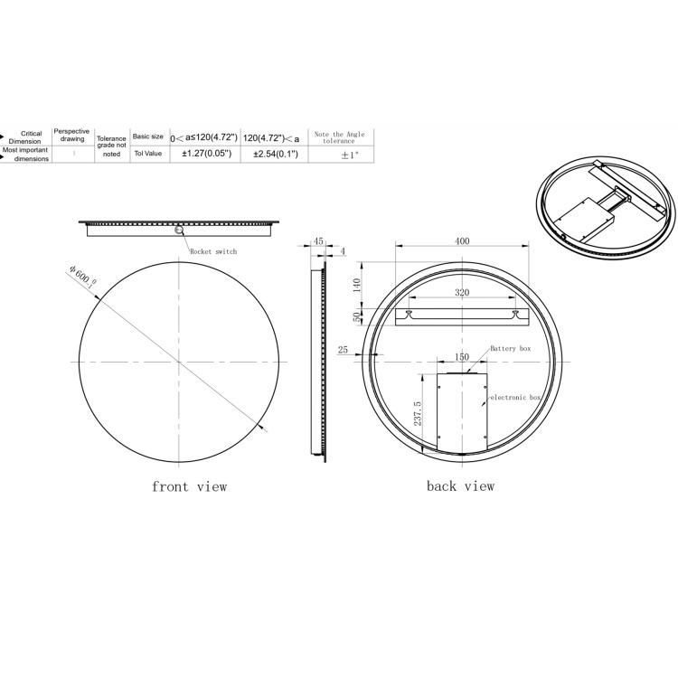 Round Backlit Mirror with Battery Operated Lights 600mm - Luna