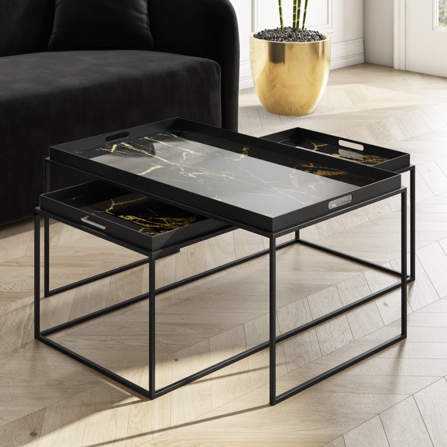 Black Tray Tables With Gold Marble Design Coffee Lux