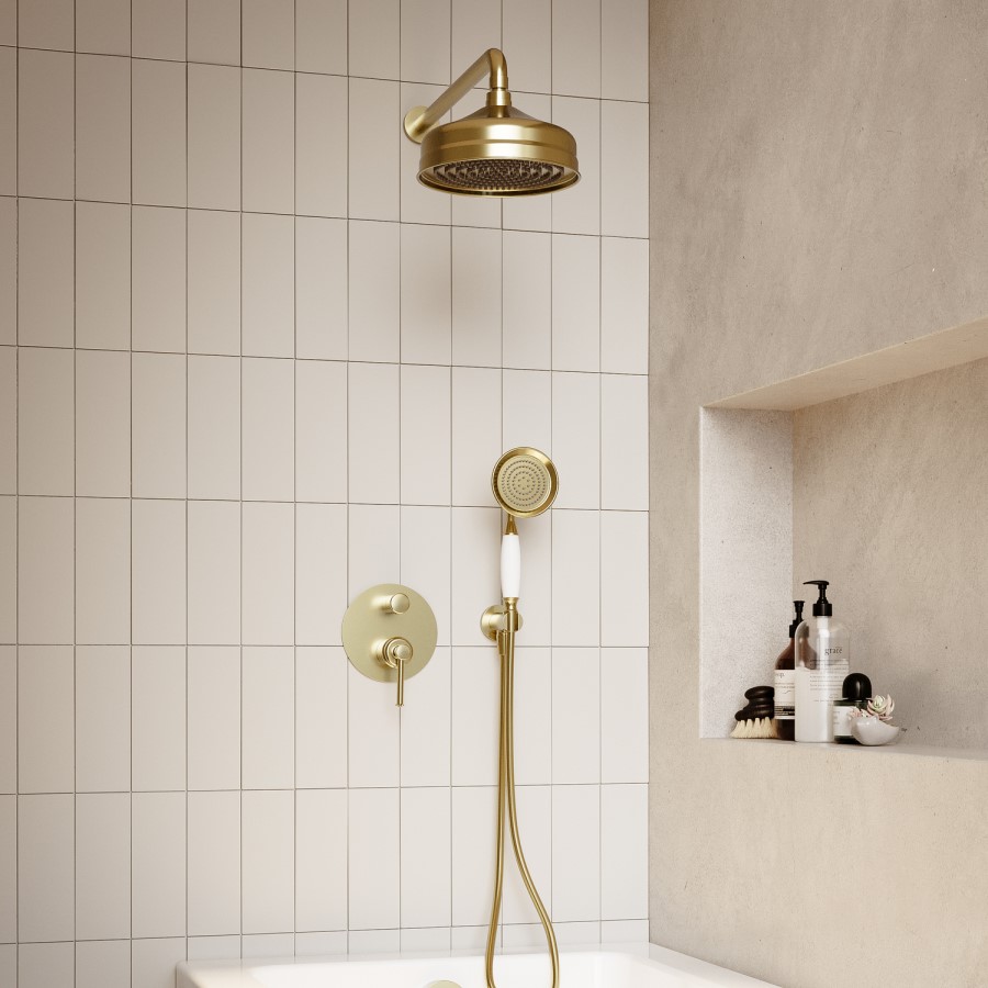 Brushed Brass 2 Outlet Wall Mounted Mixer Shower Set With Hand Shower - Lyla