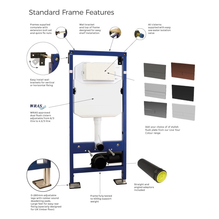 Concealed Dual Flush Cistern 1180mm Wall Mounted WC Frame with  Dual Flush Plate in Chrome - Live Your Colour