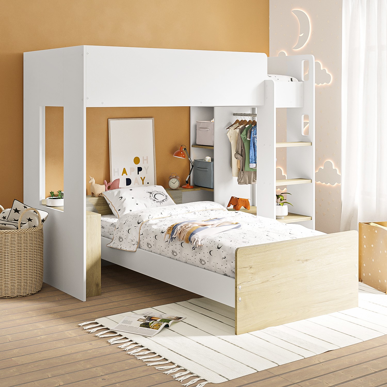 Photo of L-shaped detachable bunk bed with storage in white and oak - layne