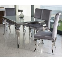 Louis Mirrored Dining Set with White 160cm Table & 4 Silver Velvet Chairs - Vida Living Louis Mirrored Dining Set with White 160cm Table & 4 Silver Velvet Chairs - Vida Living