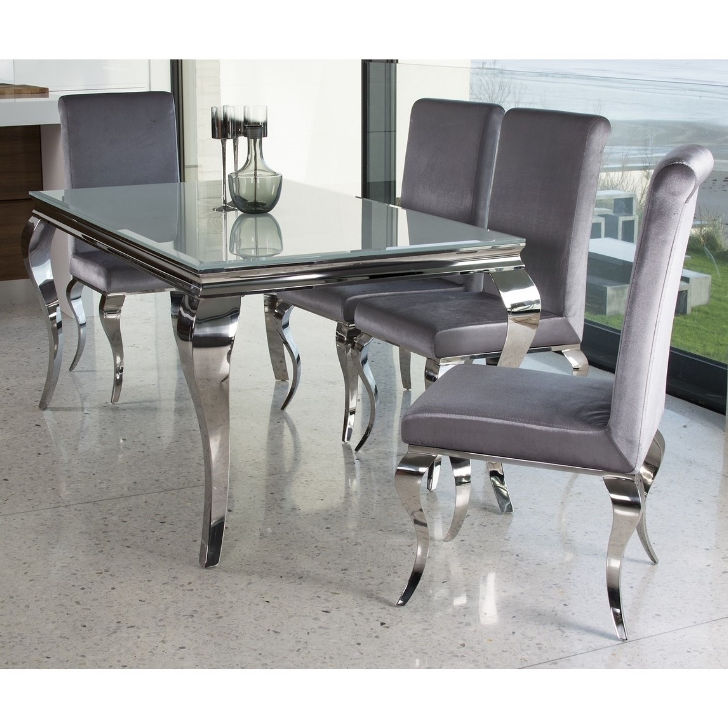 Louis Mirrored Dining Set With White 160cm Table 4 Silver Velvet