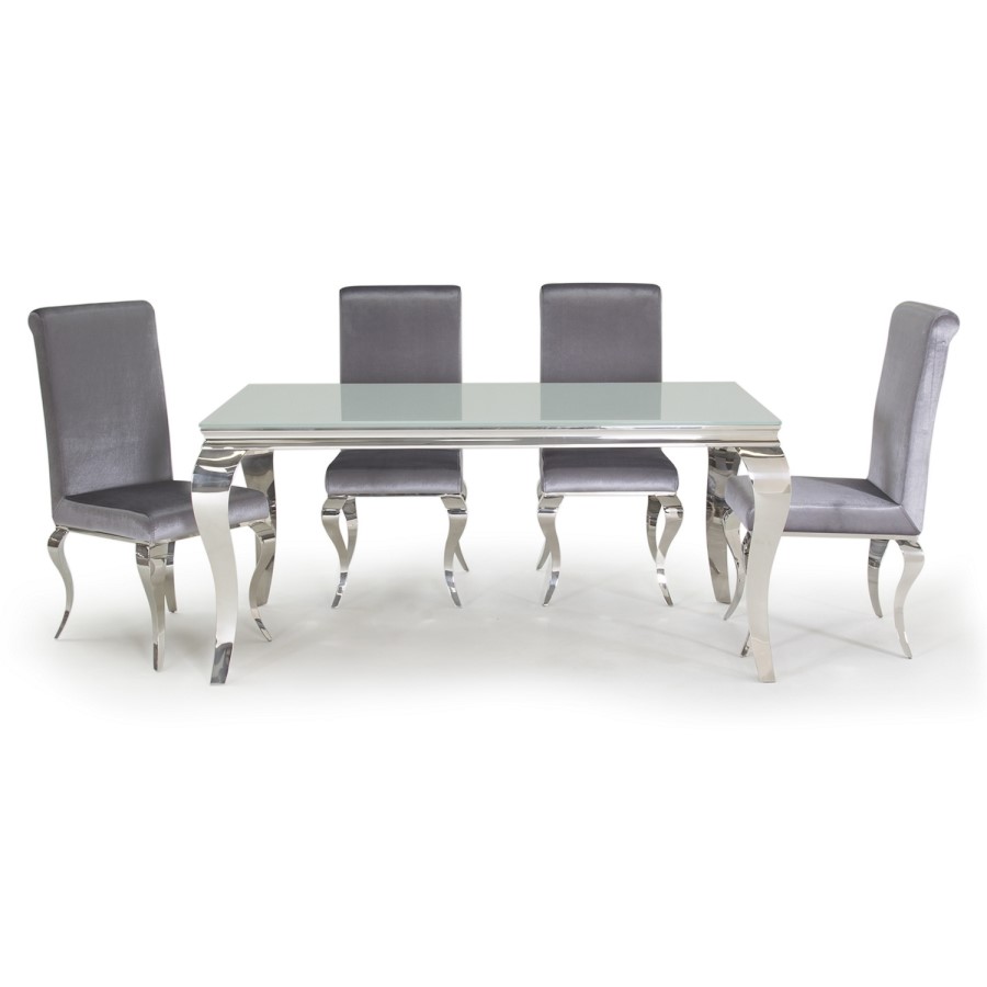 Louis Mirrored Dining Set with White 160cm Table & 4 Silver Velvet Chairs - Vida Living