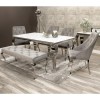 Louis White Dining Table 160cm with 4 Grey Velvet Chairs &amp; 1 Bench - Mirrored Legs