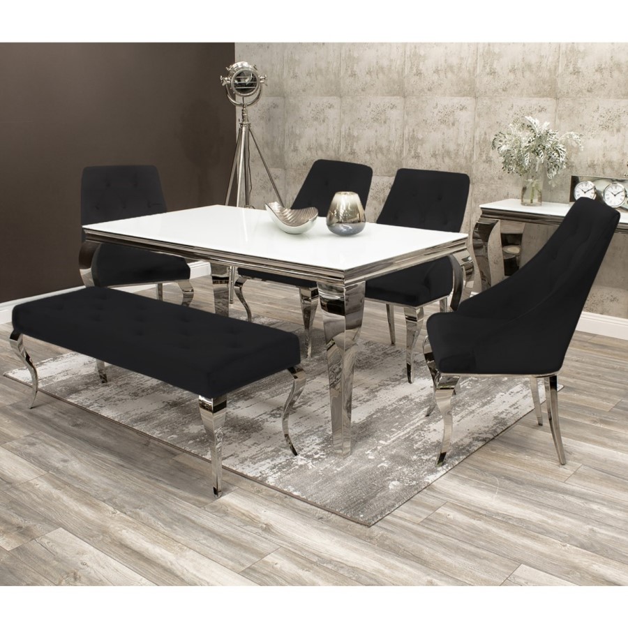 Louis White & Mirrored Dining Table 160cm with 4 Black Velvet Chairs & Bench