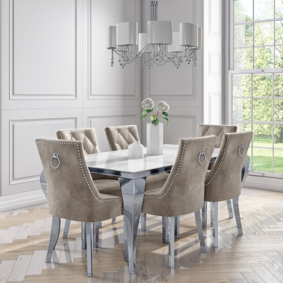White Mirrored Dining Table with 6 Chairs in Mink - Louis | Furniture123