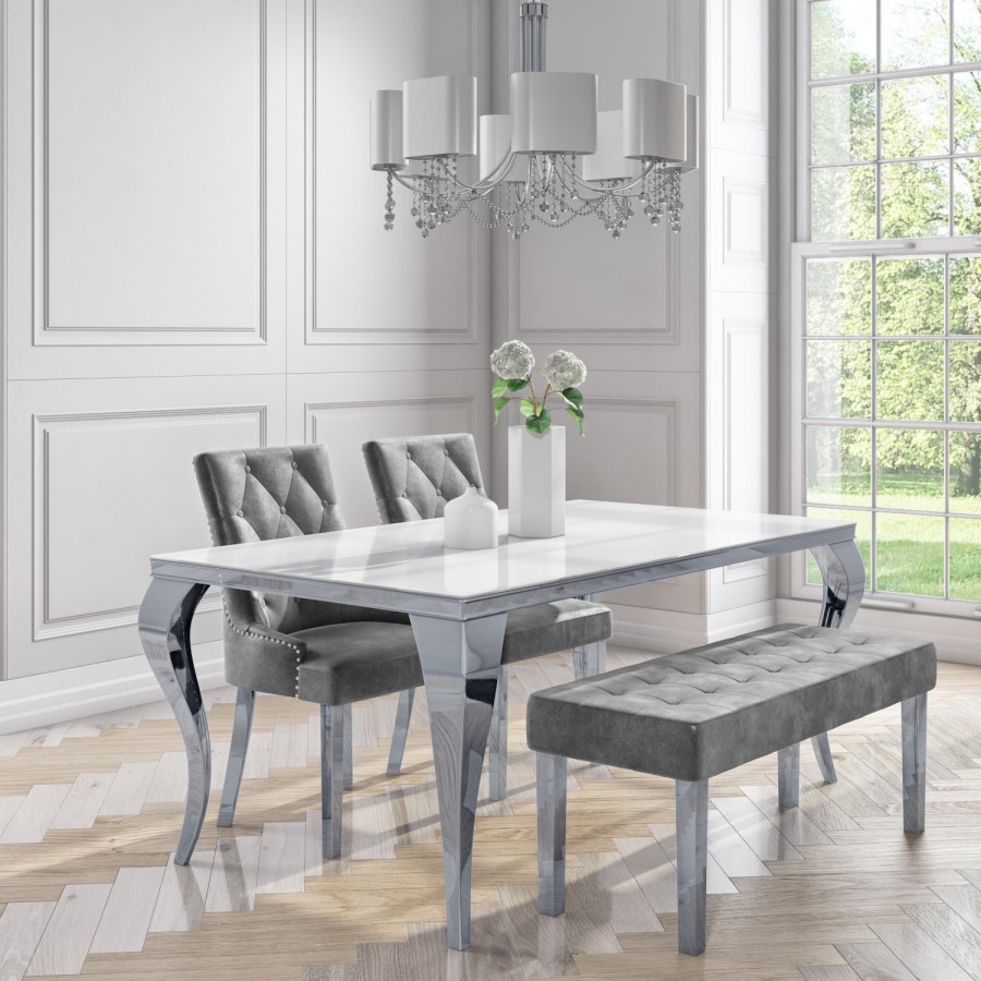 White Mirrored Dining Table with 2 Chairs in Grey Velvet & 1 Bench - Louis