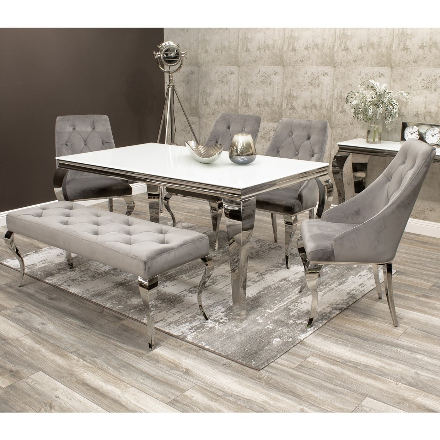 Louis Mirrored 200cm Dining Table With 4 Chairs And Bench In Grey Velvet Furniture123
