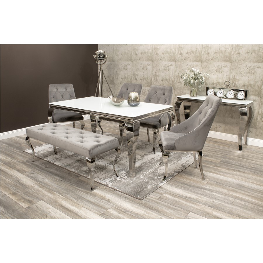 Louis Mirrored 200cm Dining Table with 4 Chairs and Bench in Grey Velvet
