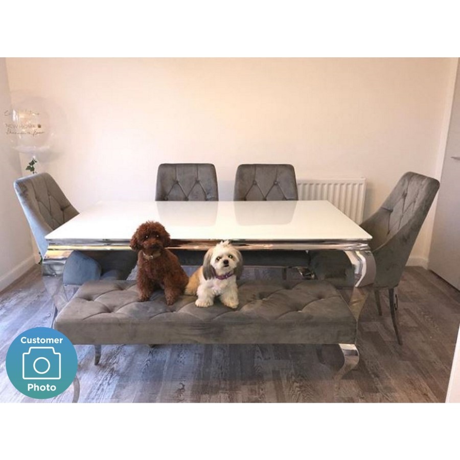 Louis Mirrored 200cm Dining Table with 4 Chairs and Bench in Grey Velvet