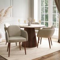 Round Ceramic and Walnut Dining Table Set with 4 Taupe Piped Chairs - Seats 4 - Malia