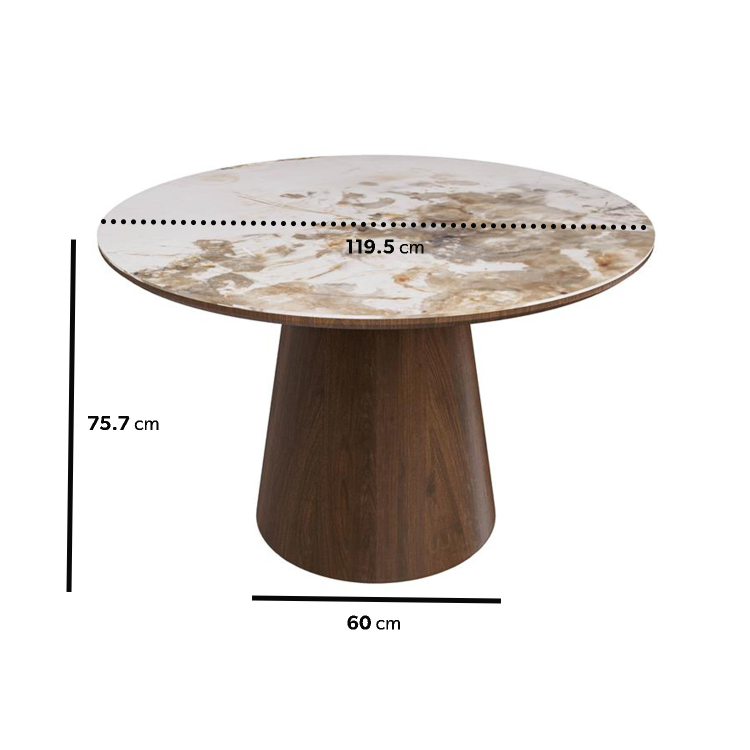 Neutral Ceramic Round Dining Table with Walnut Pedestal Base - Seats 4 - Malia