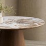 Neutral Ceramic Round Walnut Dining Table with 4 Carver Piped Taupe Dining Chairs - Malia