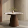 Neutral Ceramic Round Walnut Dining Table with 4 Carver Piped Taupe Dining Chairs - Malia