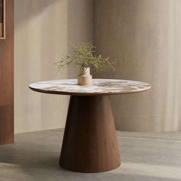 Neutral Ceramic Round Walnut Dining Table with 4 Carver Piped Taupe Dining Chairs - Malia