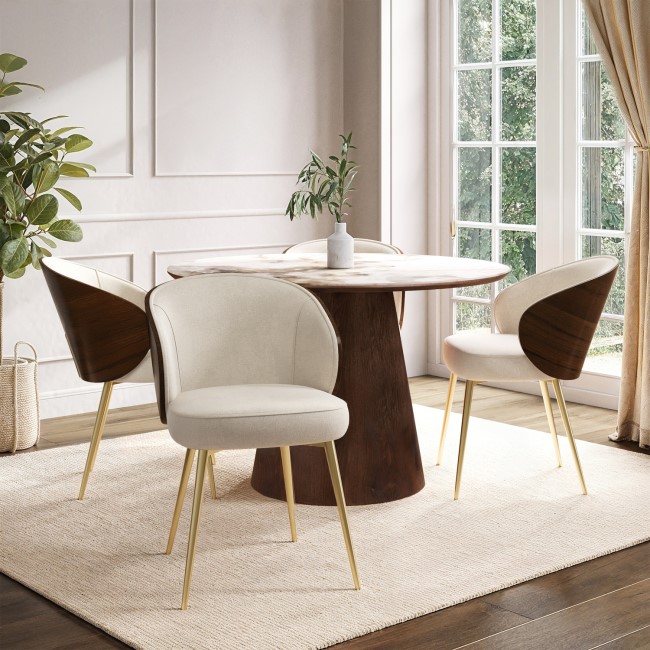 Neutral Ceramic Round Walnut Dining Table Set with 4 Beige Upholstered Chairs - Seats 4 - Malia