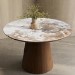 Neutral Ceramic Round Dining Table with Walnut Pedestal Base - Seats 4 - Malia