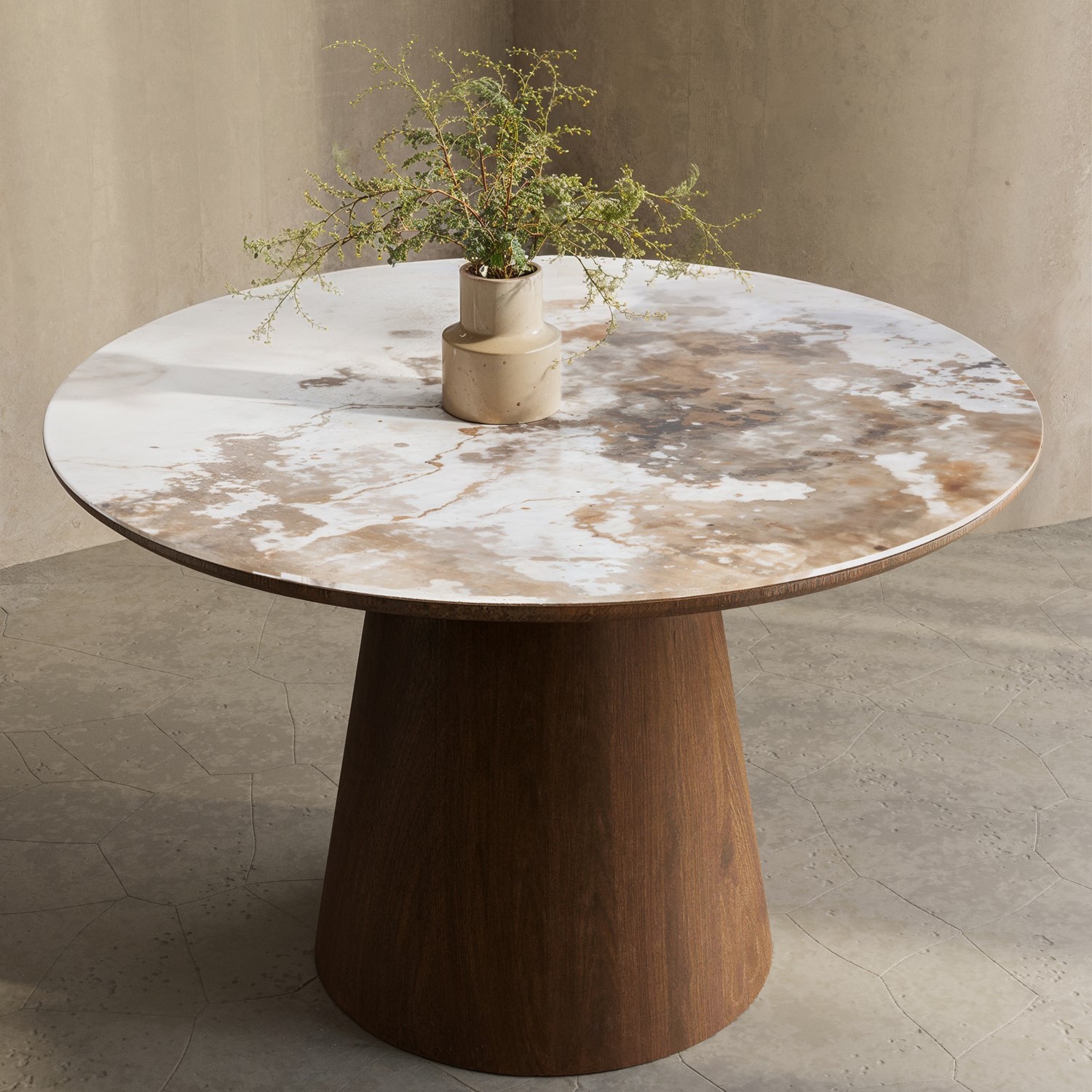 Neutral Ceramic Round Dining Table with Walnut Pedestal Base Seats 4 Malia Furniture123