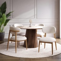 Neutral Ceramic Round Walnut Dining Table Set with 4 Beige Upholstered Curved Dining Chairs - Malia