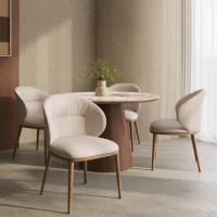 Round Walnut and Marble Effect Dining Table Set with 4 Beige Real Leather Chairs - Seats 4 - Malia