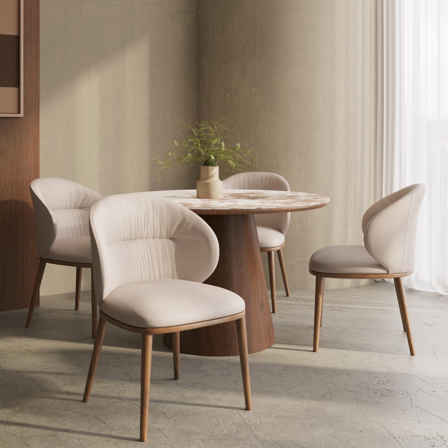 Round Walnut and Marble Effect Dining Table Set with 4 Beige Real Leather Chairs - Seats 4 - Malia