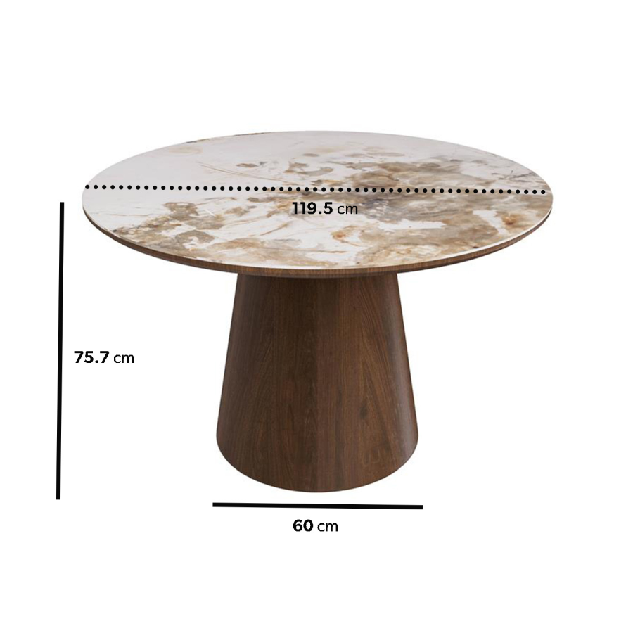 Round Walnut and Marble Effect Dining Table Set with 4 Beige Real Leather Chairs - Seats 4 - Malia