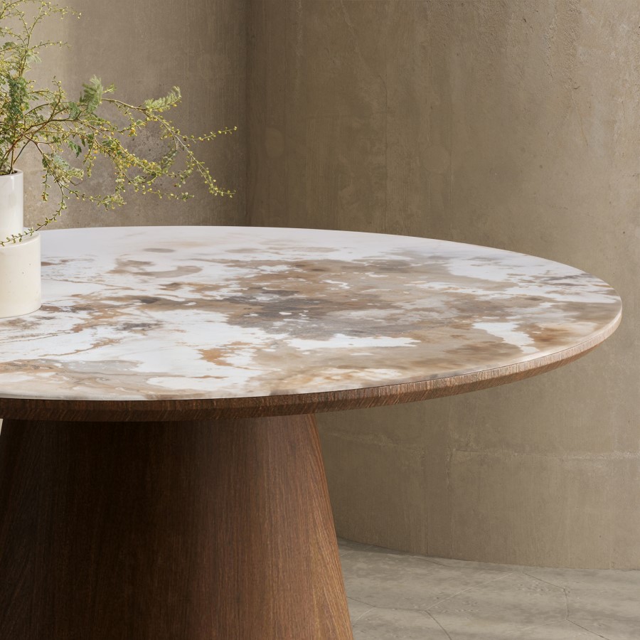 Neutral Ceramic Round Walnut Dining Table Set with 4 Beige Upholstered Chairs - Seats 4 - Malia