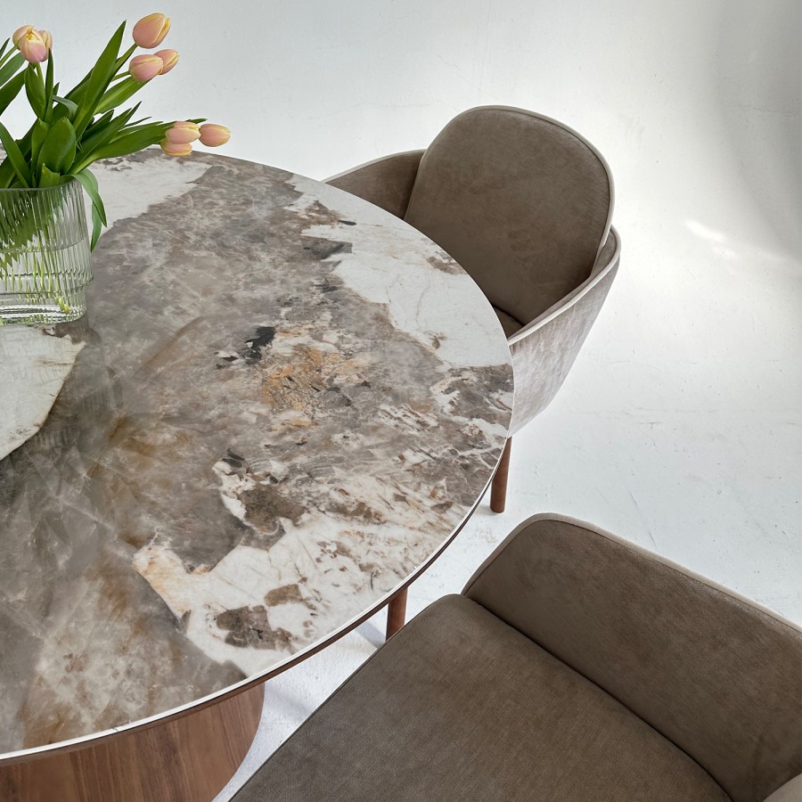Walnut Pedestal Round Dining Table with Marble Effect - Seats 4 - Malia