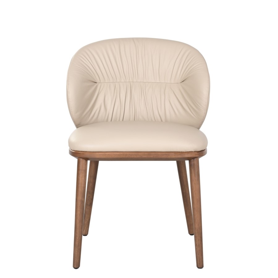 Beige Real Leather Dining Chair with Walnut Legs - Eren