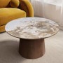 Neutral Ceramic Round Coffee Table with Walnut Pedestal Base - Malia