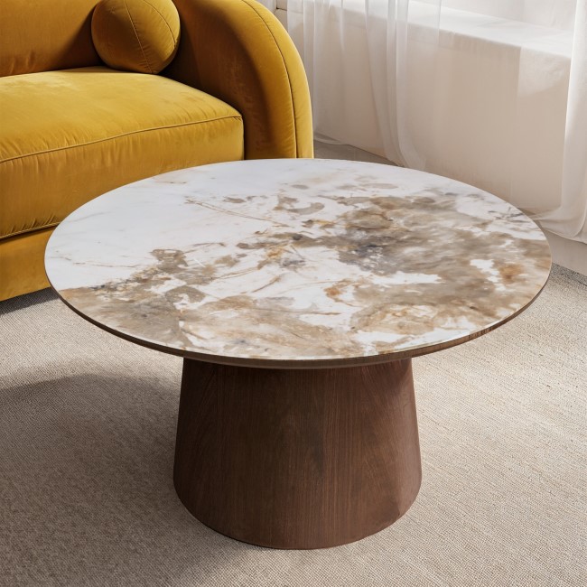 Neutral Round Ceramic Nest of 2 Tables with Walnut Pedestal Bases - Malia