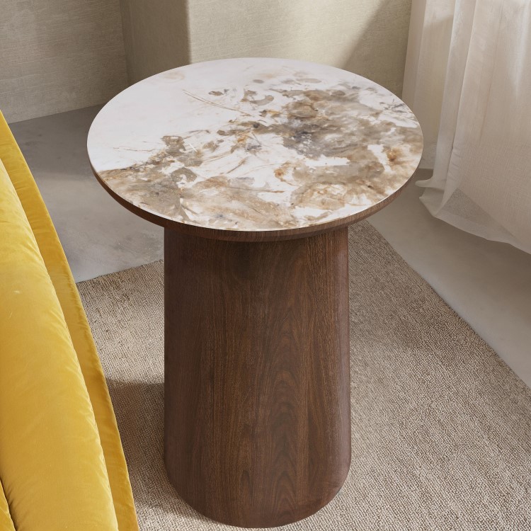 Neutral Round Ceramic Nest of 2 Tables with Walnut Pedestal Bases - Malia