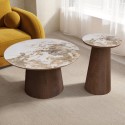 BUN/MAL002/93480 Neutral Round Ceramic Nest of 2 Tables with Walnut Pedestal Bases - Malia